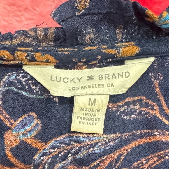 Lucky Brand Navy Floral Wrap Top with Orange Accents - Picture 2 of 6